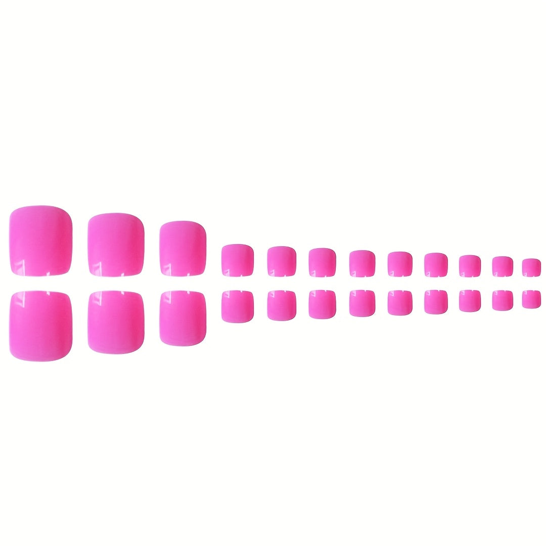 24pcs Hot Pink Toe Press-On Nail Set - Vibrant, Waterproof & Reusable, Perfect for Summer, Beach Vacations & Daily Wear; Includes Jelly Glue & Nail File for a Bold, Eye-Catching Pedicure That Truly Pops!